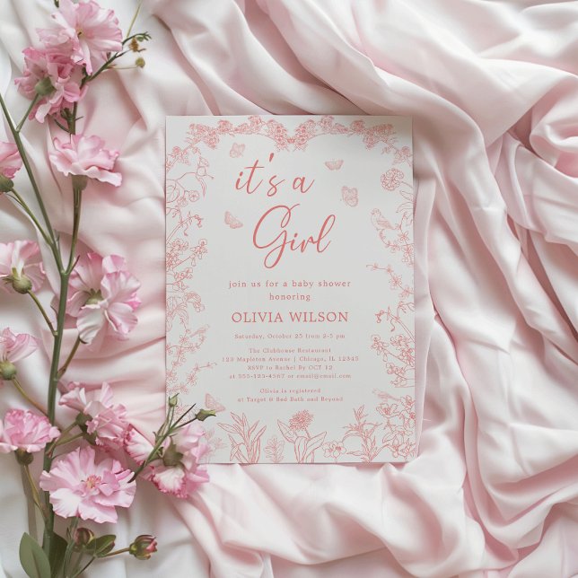 Peach Pink Chinoiserie 'It's a Girl' Baby Shower Invitation ("Whimsical Peach Pink Garden Chinoiserie 'It's a Girl' Baby Shower Invitation"

)