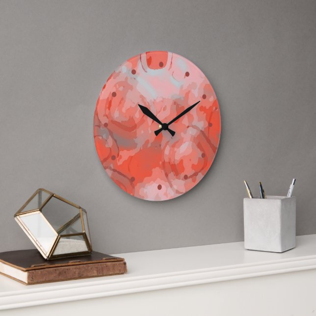 Peach Pink Coral Red Rounded Squares Art Pattern Large Clock (Office)