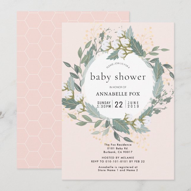 Peach Pink Cotton Garden Wreath Baby Shower Invitation (Front/Back)