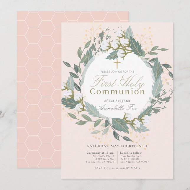 Peach Pink Cotton Wreath First Holy Communion Invitation (Front/Back)