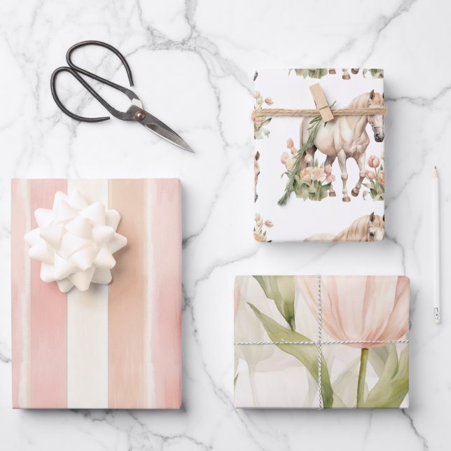 Peach Pink Cream Tulips Stripes Horse Floral  Wrapping Paper Sheet (Front)