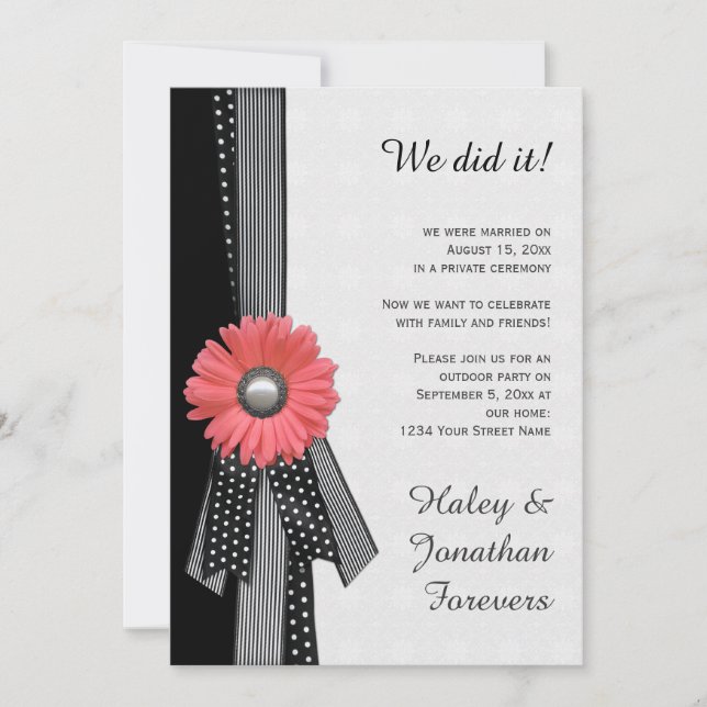 Peach Pink Daisy Black White Damask Reception Only Invitation (Front)