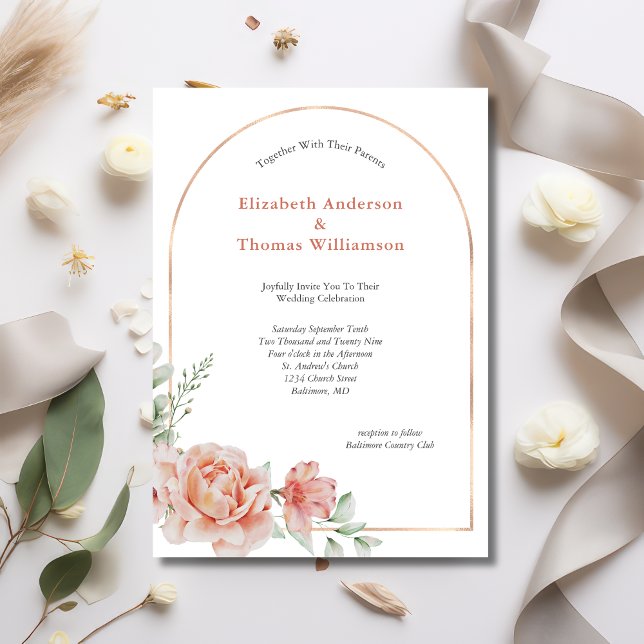 Peach Pink Floral Arch Border Elegant Wedding Invitation (Peach Floral Rose Gold Arch Watercolor Greenery Wedding Invitation Elegant Modern)