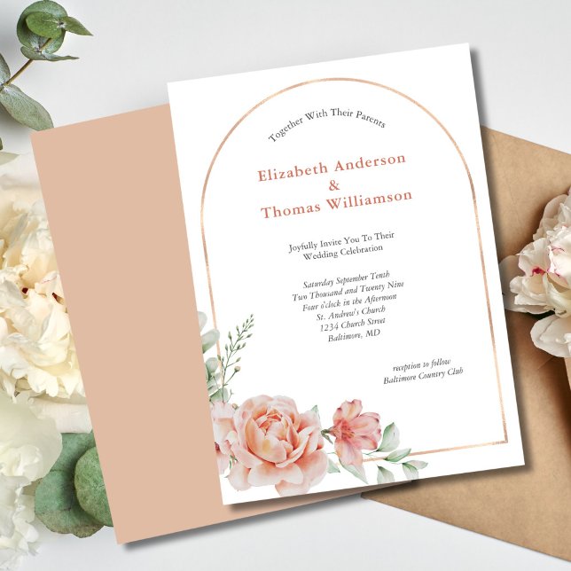 Peach Pink Floral Arch Border Elegant Wedding Invitation (Peach Floral Elegant Modern Arch Wedding invitation)