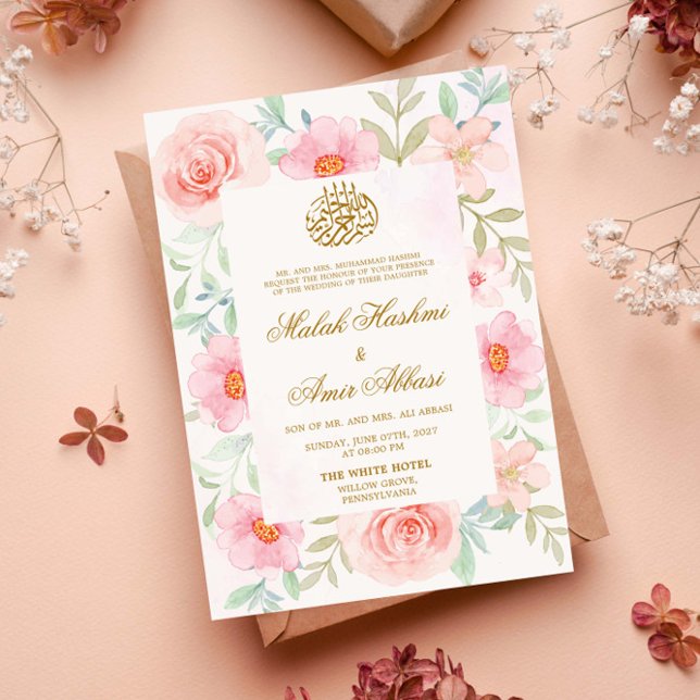 Peach & Pink Floral Gold Design Islamic Wedding Invitation (Creator Uploaded)