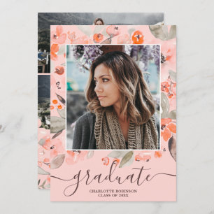 Peach pink floral greenery script photo graduation invitation