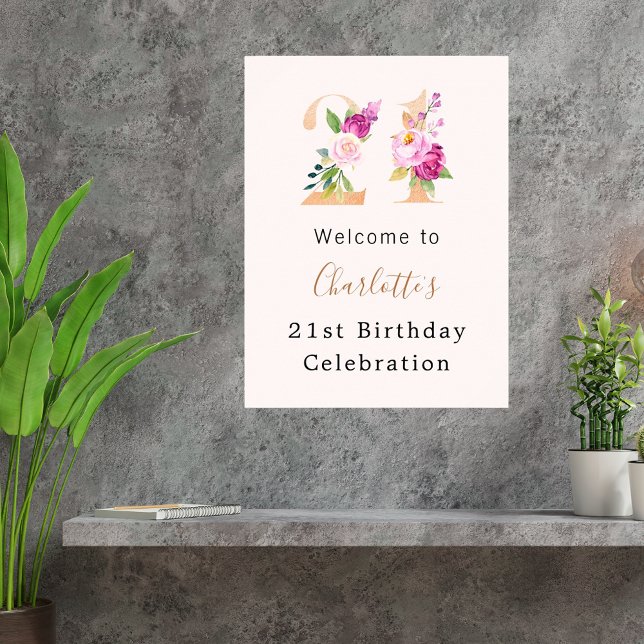 Peach pink florals number 21st birthday welcome poster (Creator Uploaded)