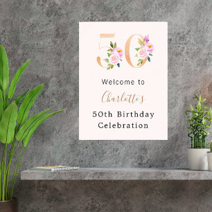 Peach pink florals number 50th birthday welcome poster