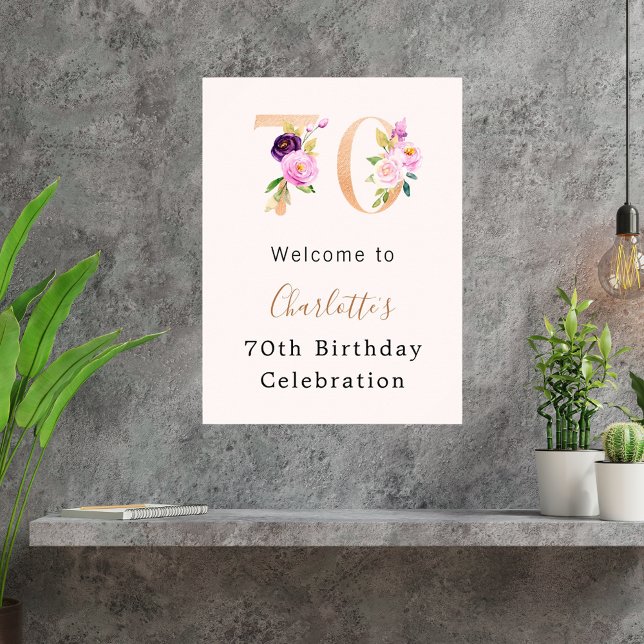 Peach pink florals number 70th birthday welcome poster (Creator Uploaded)