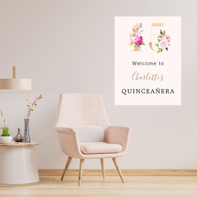 Peach pink florals number Quinceanera welcome Poster (Creator Uploaded)