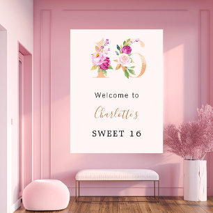 Peach pink florals number Sweet 16 welcome Poster