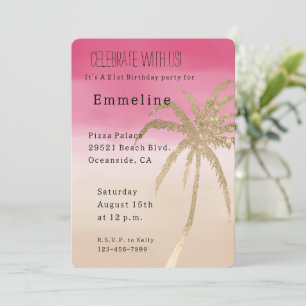 Peach Pink Gold Tropical Palm Tree Birthday Invitation