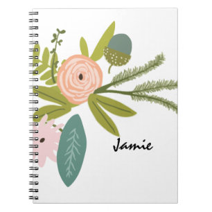 Peach Pink Green Floral and Fauna Spiral Notebook