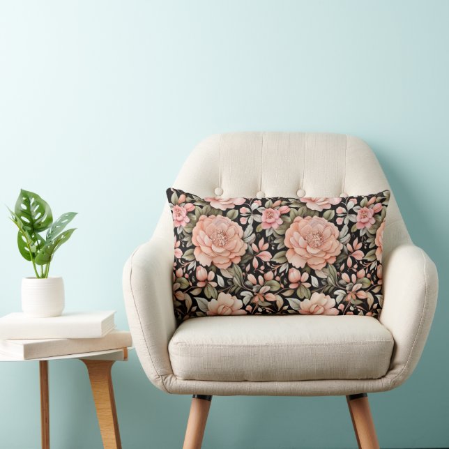 Peach Pink Greenery Black Background Floral Flower Lumbar Cushion (Chair)