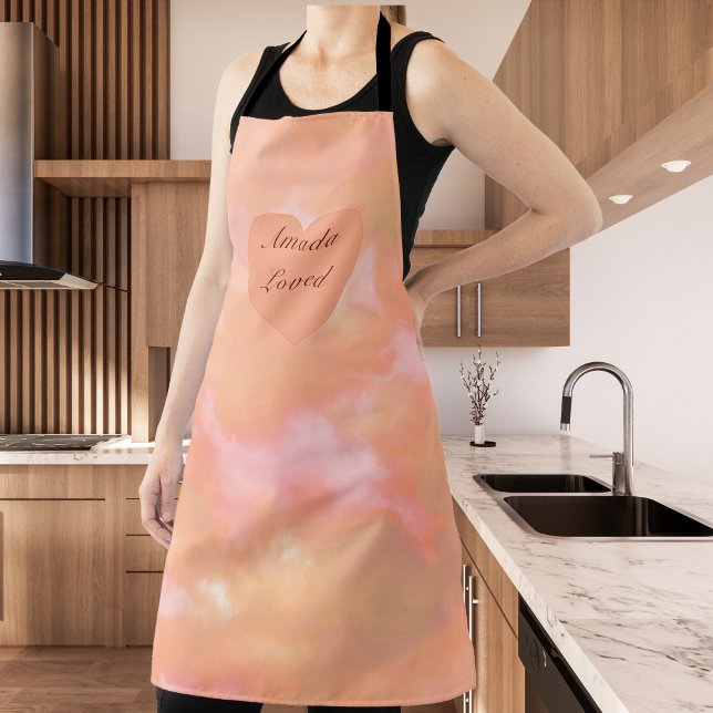 Peach & Pink Heart & Sky Bilingual "Amada" "Loved" Apron (Bilingual peach Spanish custom text, gift for her. multilingual project)