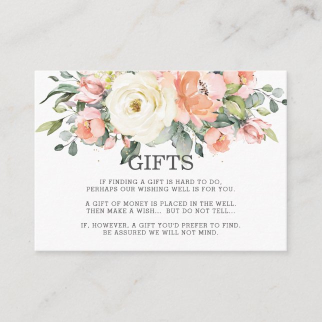 Peach Pink Ivory White Floral Wedding Wishing Well Enclosure Card (Front)