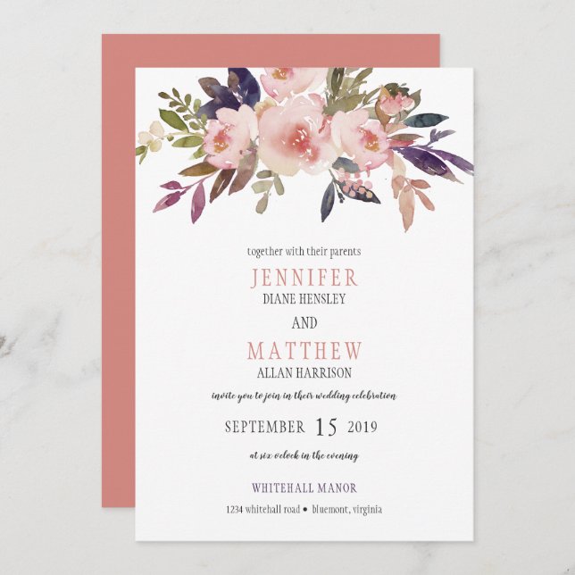 Peach Pink Lavender Purple Flowers Wedding | Invitation (Front/Back)