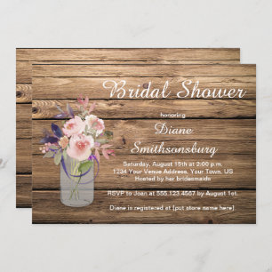 Peach Pink Lavender Wildflowers Barnwood Bridal Invitation
