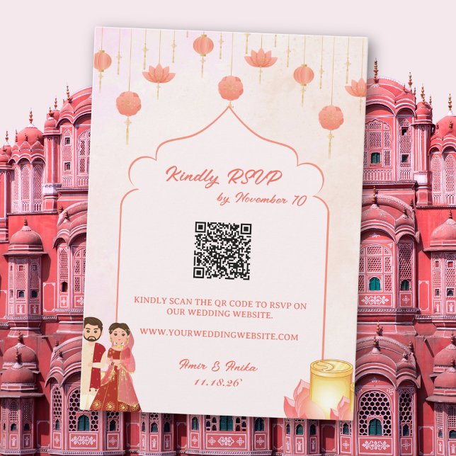 Peach Pink Lotus Lanterns Theme Wedding RSVP Invitation (Creator Uploaded)