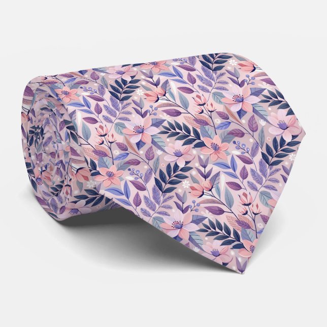 Peach Pink Navy Flowers Floral Pattern Tie (Rolled)