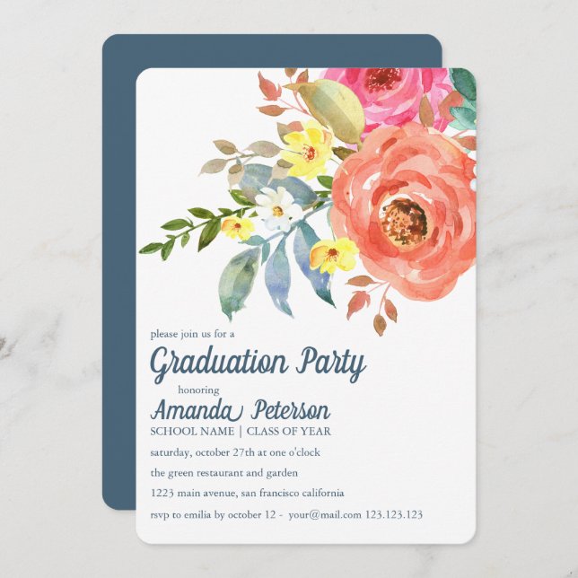 Peach  Pink Peonies Blue Graduation Invitation (Front/Back)