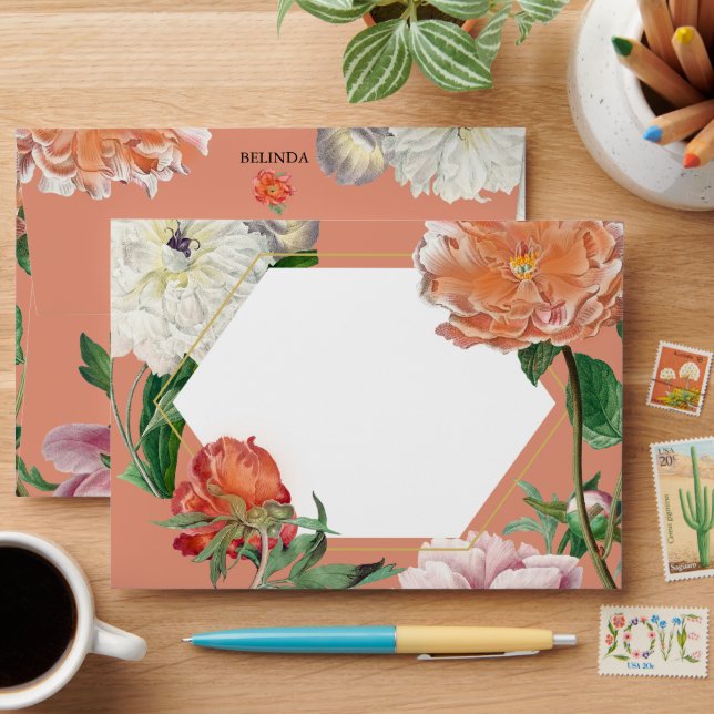 Peach Pink Peonies Flowers Wedding 5x7  Envelope (Desk)