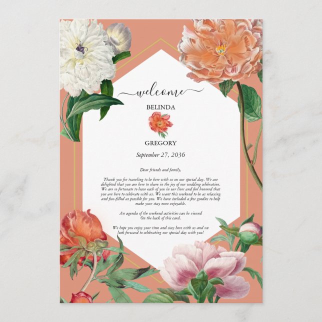 Peach Pink Peonies Flowers Wedding Itinerary  Programme (Front)