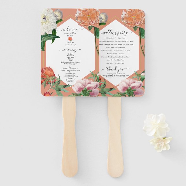 Peach Pink Peonies Flowers Wedding Program Hand Fan (Front and Back)