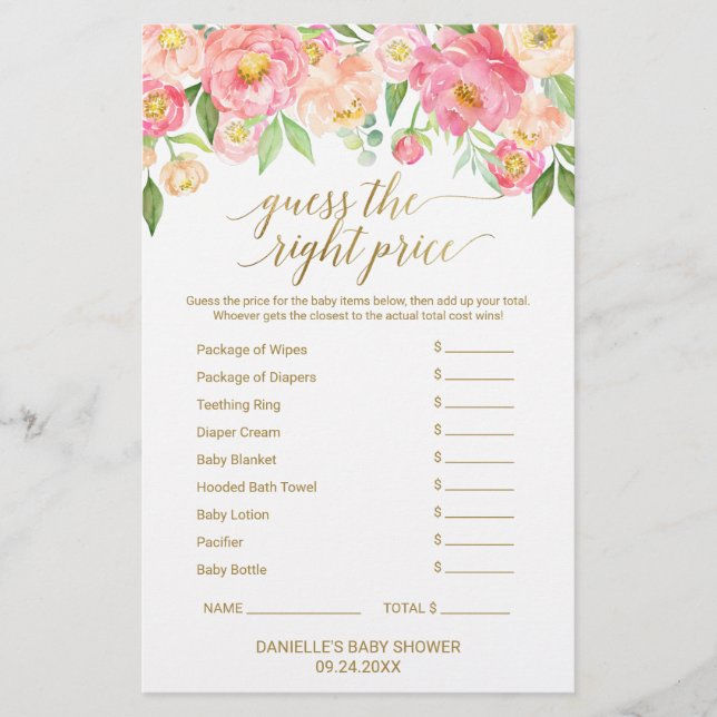 Peach & Pink Peony Baby Word Scramble & Price Game (Front)