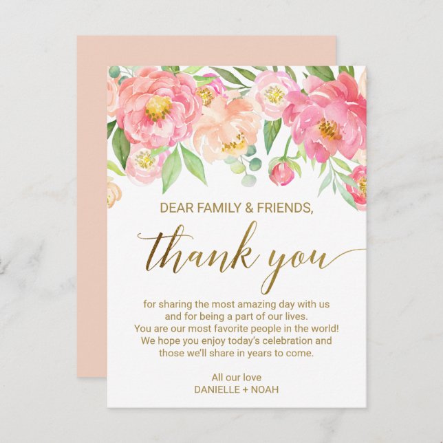 Peach & Pink Peony Flower Reception Thank You Card (Front/Back)