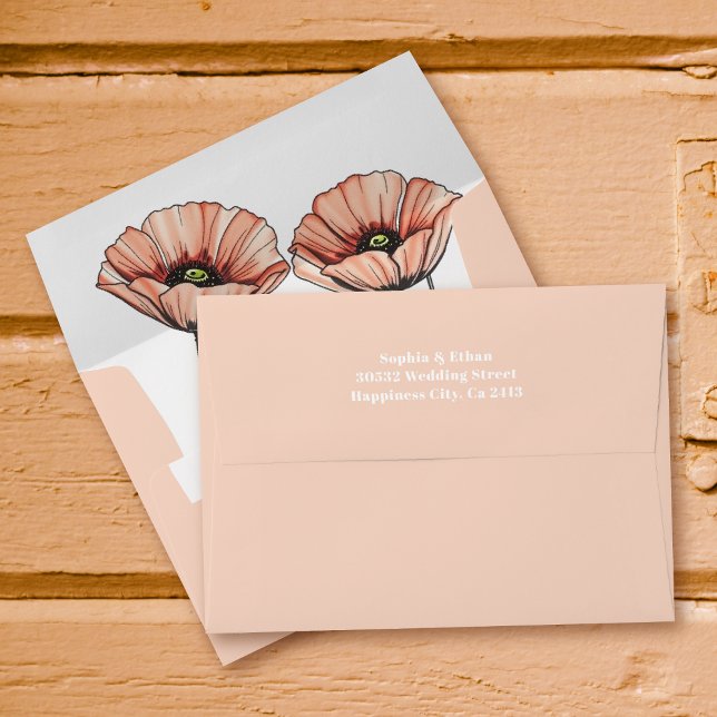 Peach pink poppy flowers romantic floral wedding envelope (Creator Uploaded)