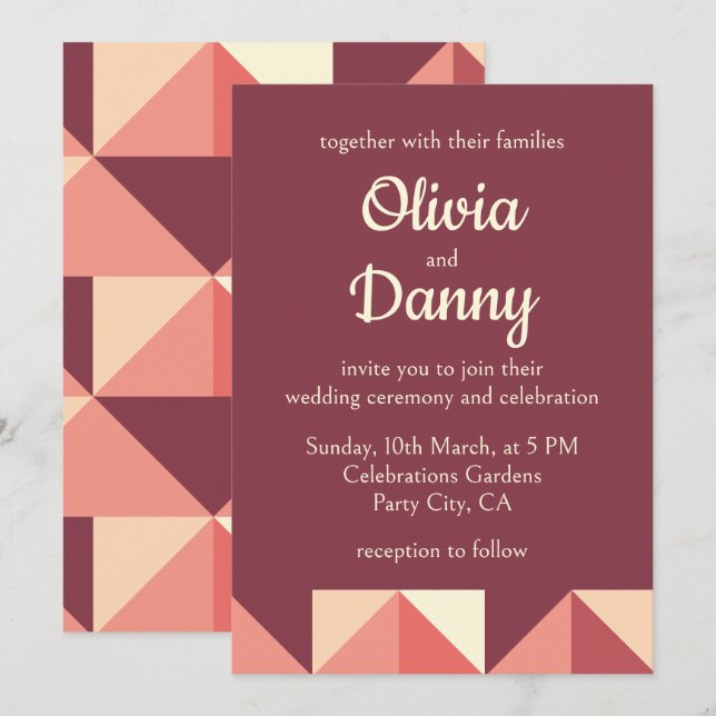 Peach Pink Purple Triangle Geometric Wedding Invitation (Front/Back)