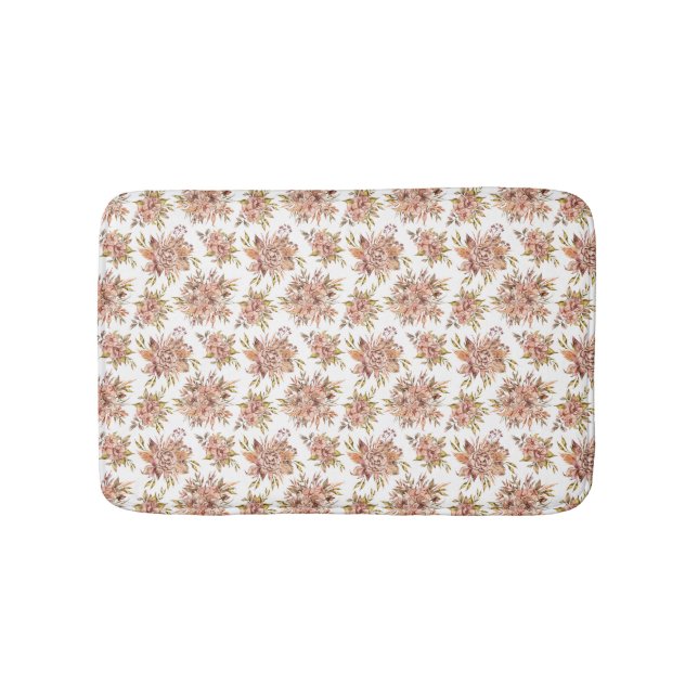 Peach Pink Red Brown Green Floral Flowers  Bath Mat (Front)