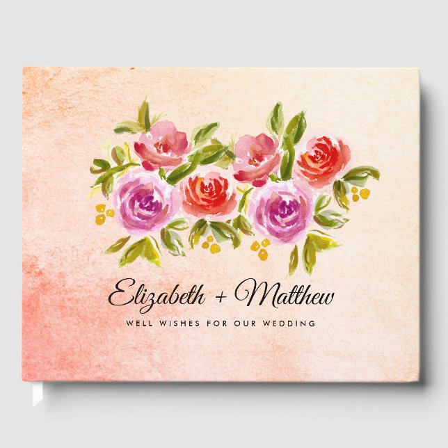 Peach Pink Red Floral Watercolor Wedding  Guest Book (Front)