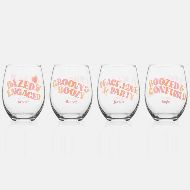 Peach Pink Retro Dazed and Engaged Stemless Wine Glass (Front)