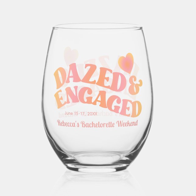 Peach Pink Retro Dazed and Engaged Stemless Wine Glass (Front)