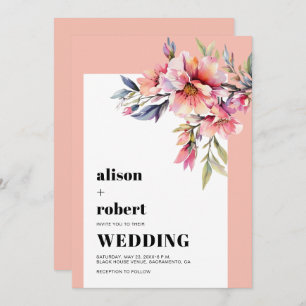 Peach pink rhododendron flowers sage green wedding invitation