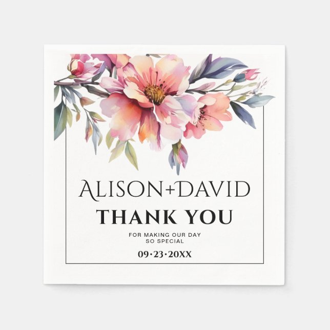 Peach-pink rhododendron flowers typography wedding napkin (Front)