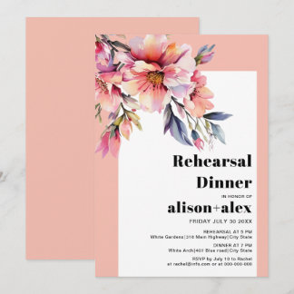 Peach-pink rhododendron wedding rehearsal dinner invitation