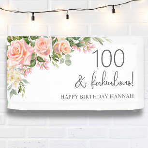 Peach   Pink Rose Floral 100th Birthday  Banner