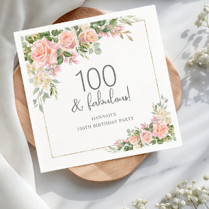 Peach Pink Rose Floral 100th Birthday Napkin