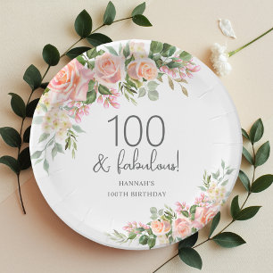 Peach Pink Rose Floral 100th Birthday Paper Plate