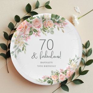 Peach Pink Rose Floral 70th Birthday  Paper Plate