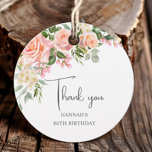 Peach Pink Rose Floral 80th Birthday Favour Tags