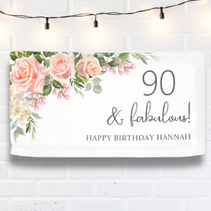 Peach Pink Rose Floral 90th Birthday Banner