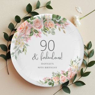Peach Pink Rose Floral 90th Birthday Paper Plate