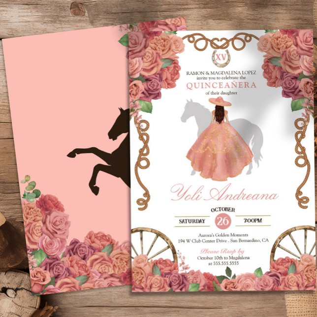 Peach Pink Rose Gold Western Charro Quinceañera Invitation (Creator Uploaded)