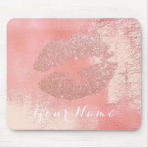 Peach Pink Rose Metallic Name Makeup Lips Kiss Mouse Pad