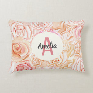 Peach & Pink Rose Watercolor Personalised Monogram Decorative Cushion