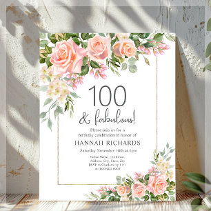 Peach Pink Roses Floral 100th Birthday Invitation